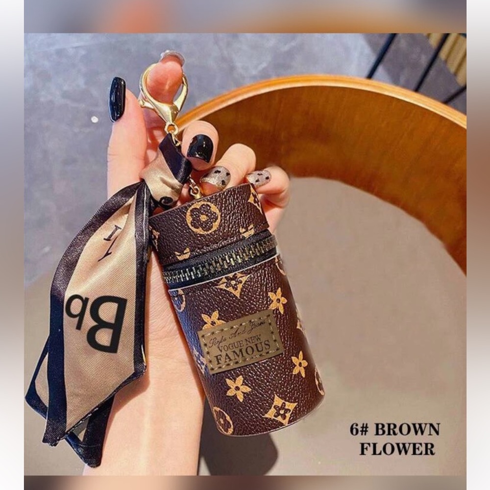 NEW CHIC faux leather lipstick holder keychain with mini scarf